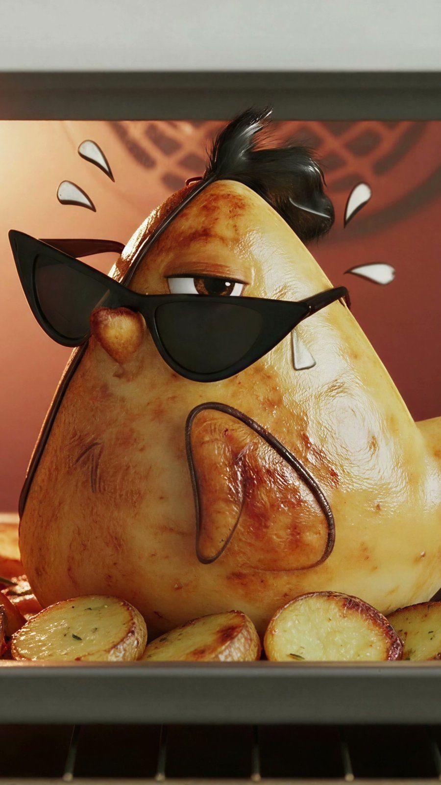 Antoñito en 3D, el pollo con gafas de sol, en el horno