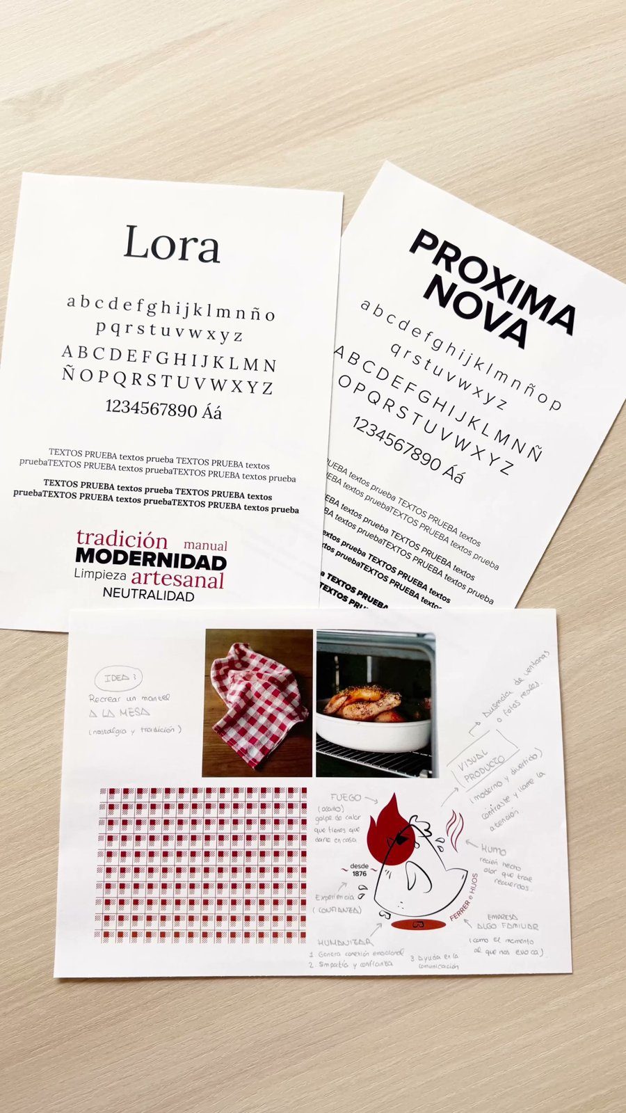 Bocetos y tipografías Lora y Proxima Nova del packaging del pollo Antoñito