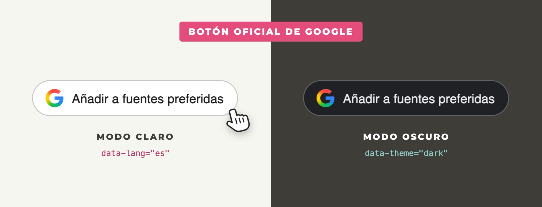 Botón oficial de Google Añadir a fuentes preferidas en modo claro y modo oscuro