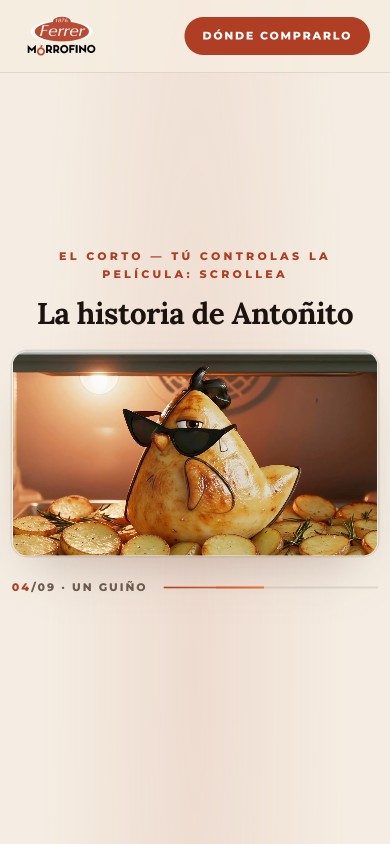 El corto de Antoñito en la landing, controlado con el scroll