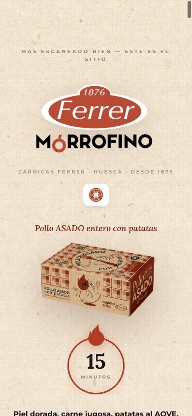 Landing móvil del pollo asado Mórrofino a la que lleva el QR de la caja