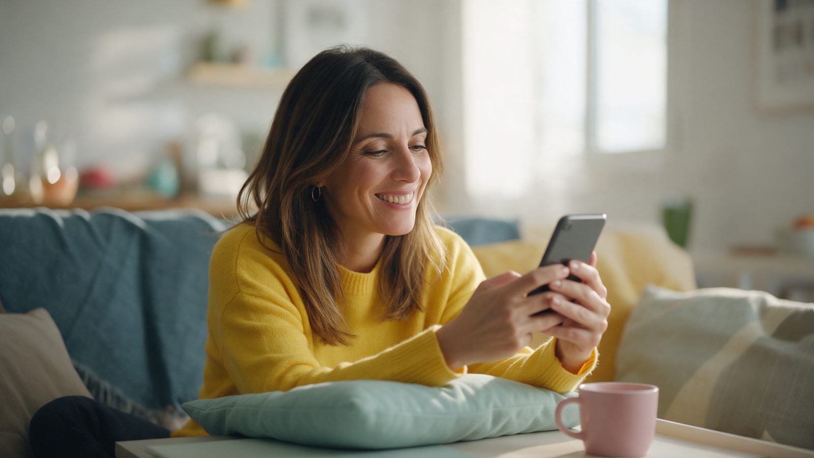 Mujer en el sofá comentando en Instagram desde el móvil