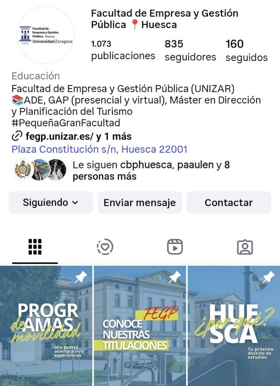 Perfil renovado de @fegphuesca con historias destacadas y carruseles fijados