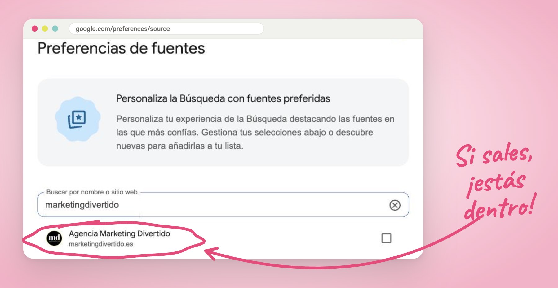Página de preferencias de fuentes de Google con Marketing Divertido como fuente disponible