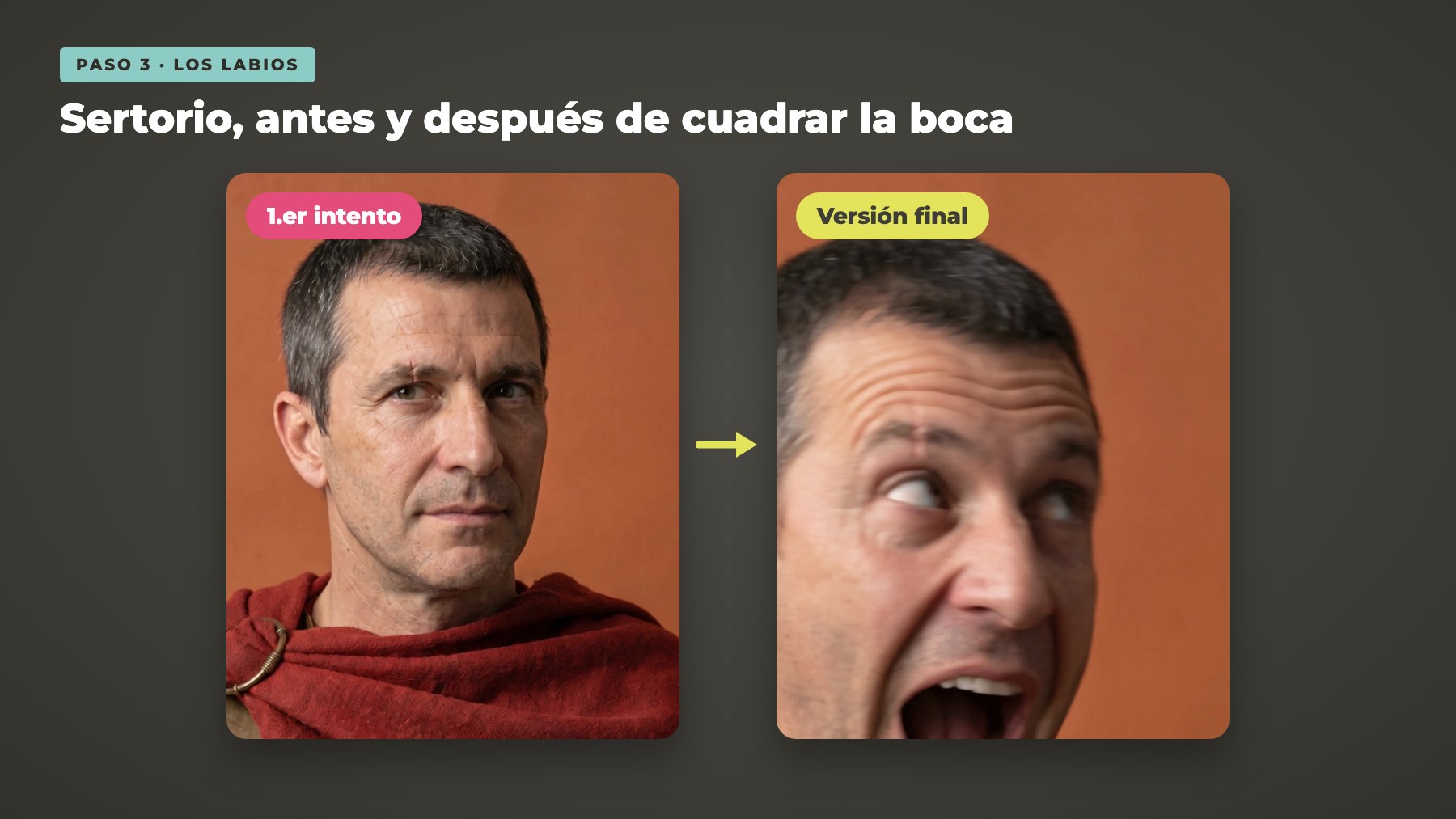 Quinto Sertorio antes y después de cuadrar los labios con la música
