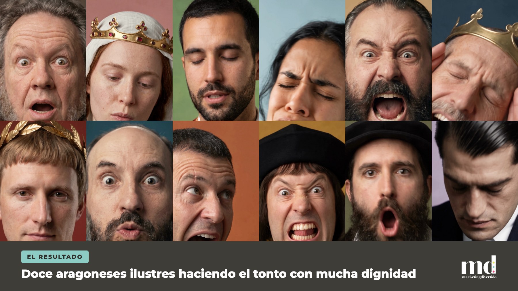 Mosaico de los doce aragoneses ilustres haciendo las muecas del trend