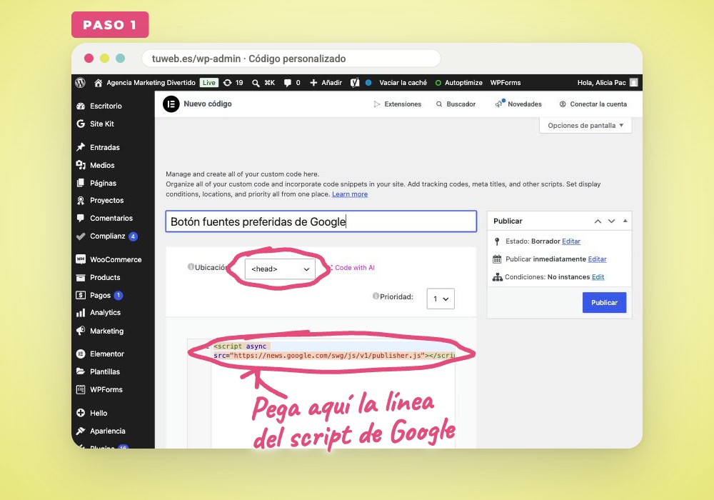 Paso 1: código personalizado de Elementor con el script de Google en el head