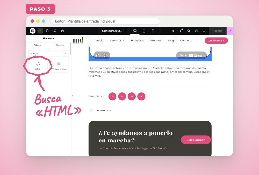 Paso 3: buscar el elemento HTML en la plantilla de entrada individual de Elementor