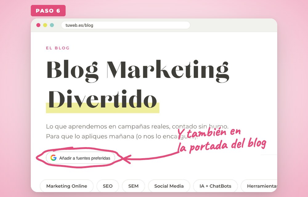Paso 6: botón Añadir a fuentes preferidas en la portada del blog